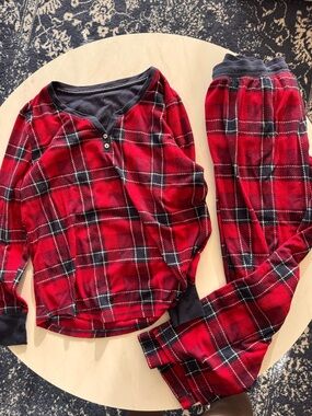 Nautica Red Plaid Henley Long Sleeve Pajama Set Button Knit M cozy winter pjs